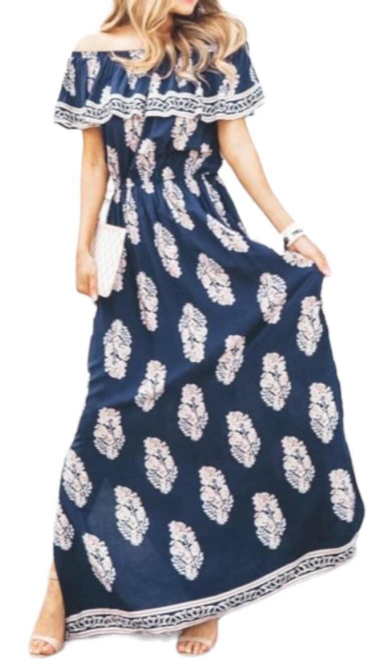 Kori America Women's Navy/Tan/White Floral Off-The-Shoulder Maxi Dress | Size L